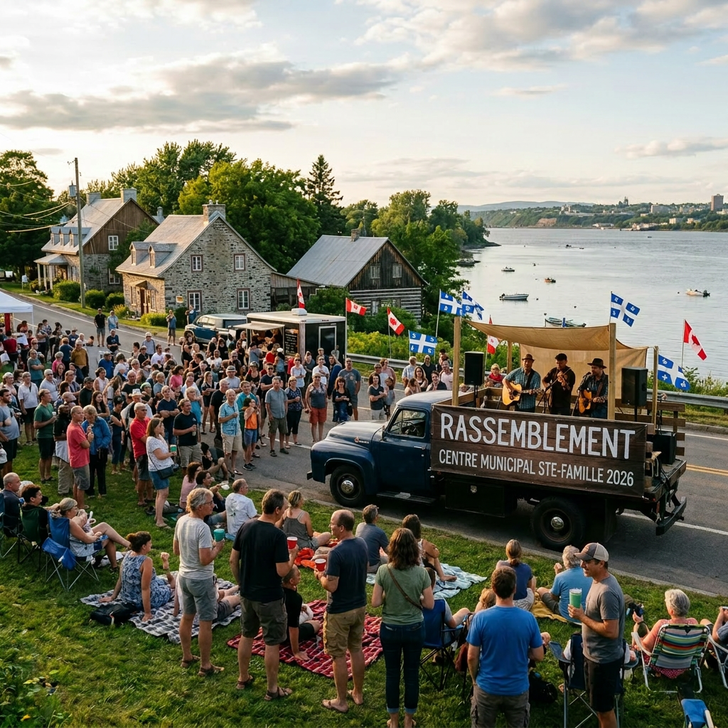 Musicians perform on a truck stage with crowd gathered by the riverside in daylight
